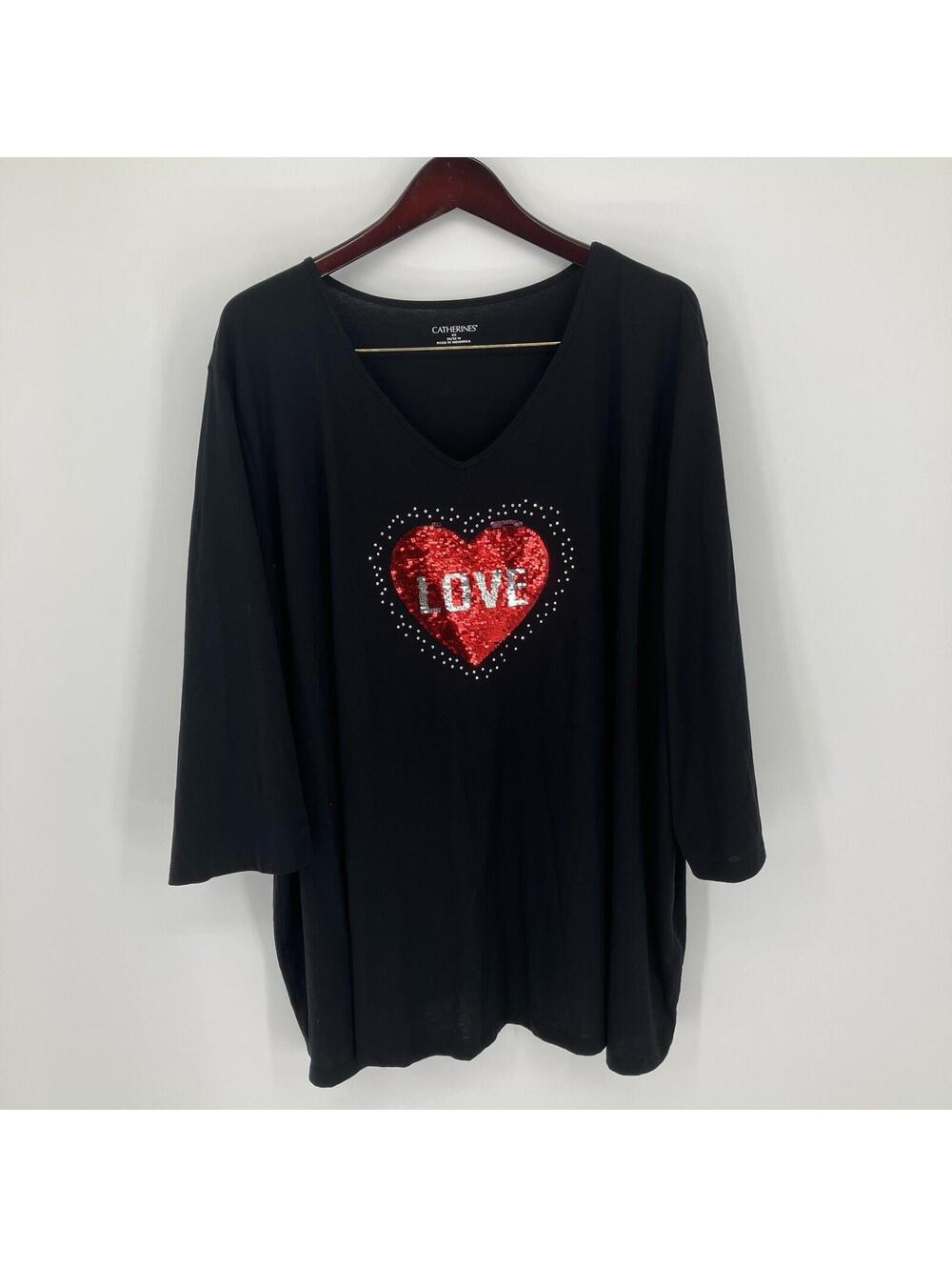 Catherines Top Women's Tee Black New Red Heart Glitter Sequin Shirt 4X 30/32 W
